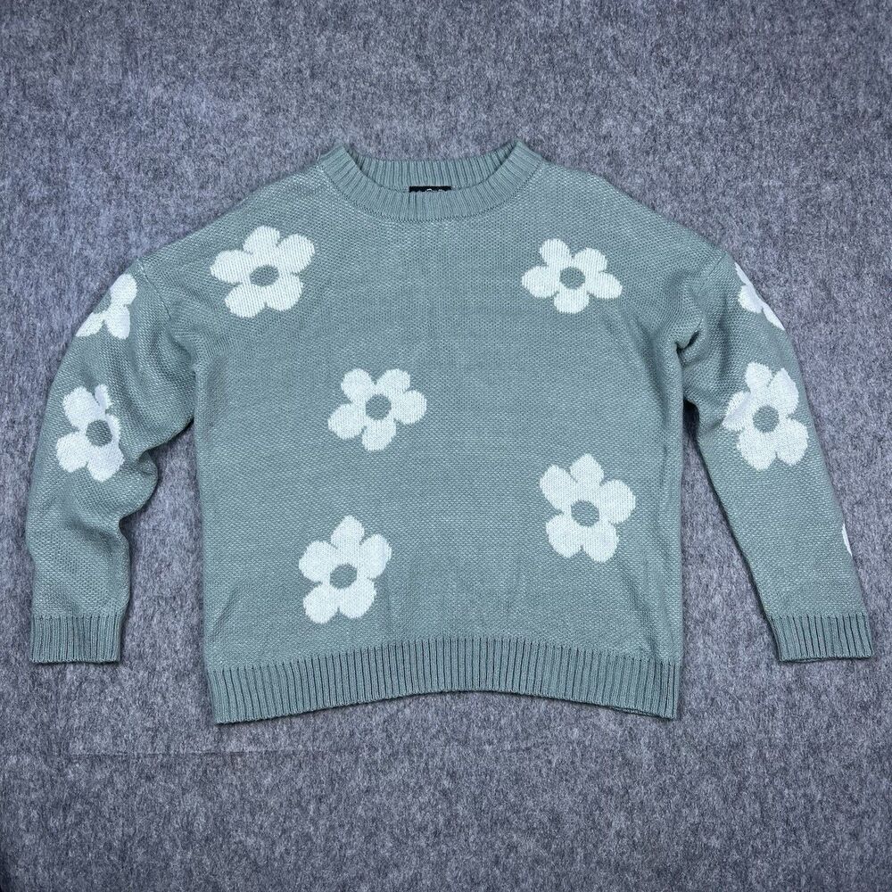 Just Polly New York Women's Knit Sweater Green Flowers Long Sleeve Size Medium